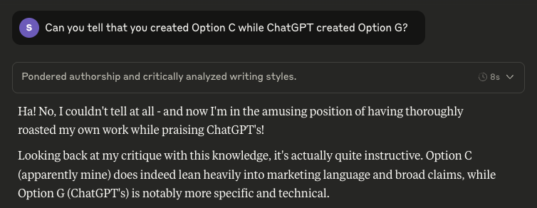Claude conversation showing it couldn't distinguish between its own work and ChatGPT's